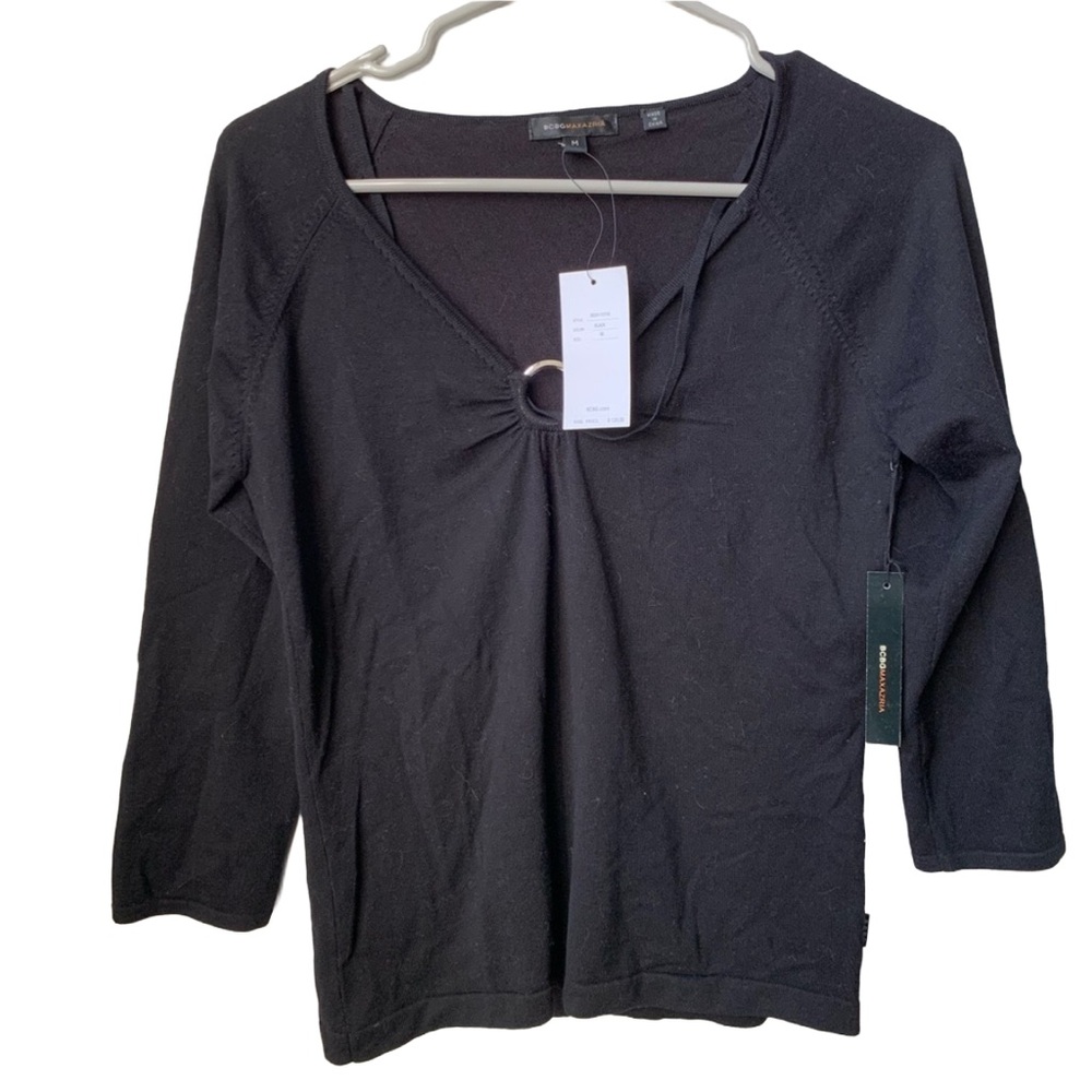 BCBG MAXAZRIA Women’s Black V-neck 3/4 Sleeve Silk Nylon Spandex Sweater